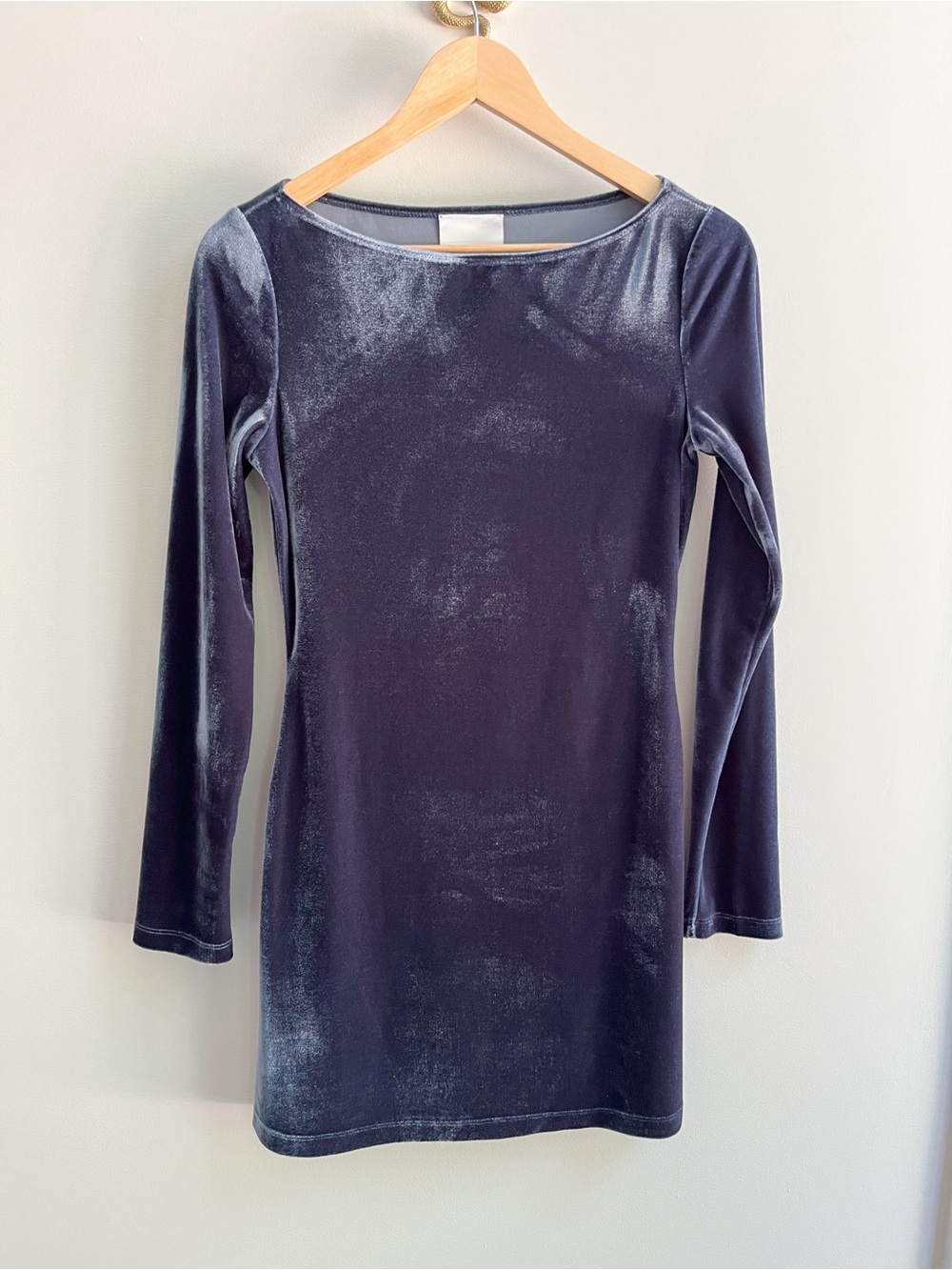 Reformation Jaelynn Knit Velvet Long Sleeve Boatneck Mini Dress Blue XS